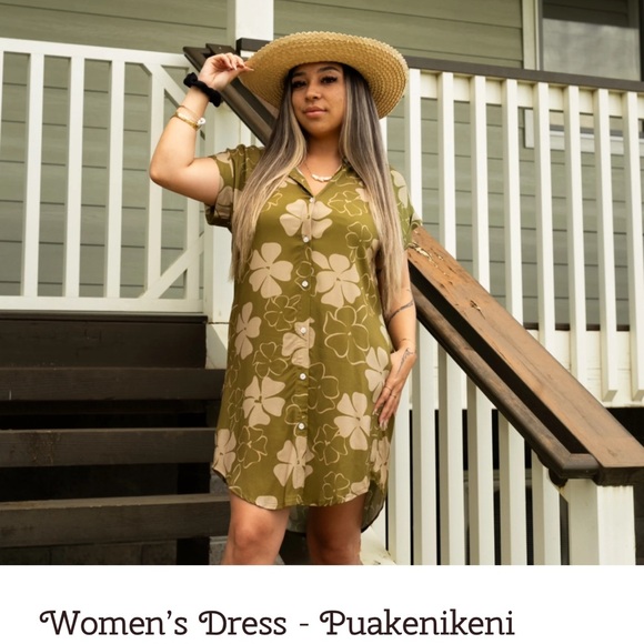 Benoa Swim Dresses & Skirts - Honi Hawai’i puakenikeni button down dress, tan/olive color. Size M. pockets.